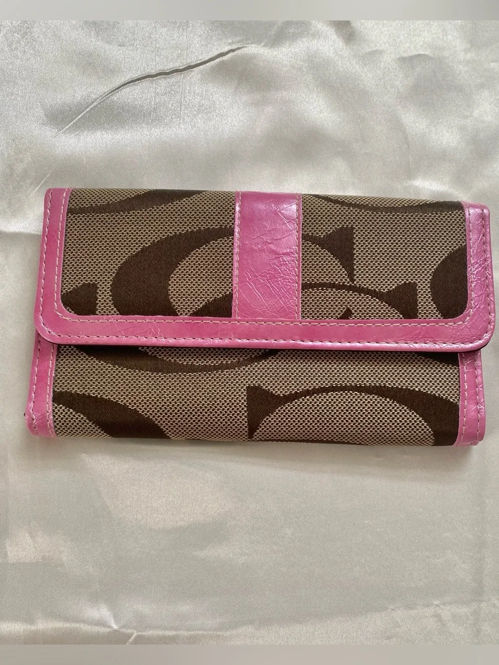 Coach Signature Classic Pink Leather Trim Monogram Wallet - (Like New, Rare)